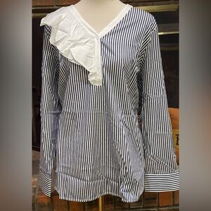 Harshman Vivienne Chic Striped Navy and White Blouse with Ruffle
